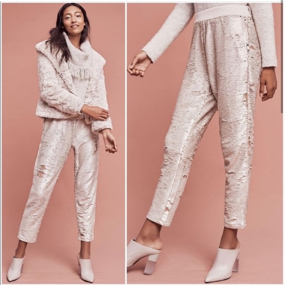 NWT ANTHROPOLOGIE "Hei Hei" Cream & Gold Sequin Joggers - Picture 2 of 3